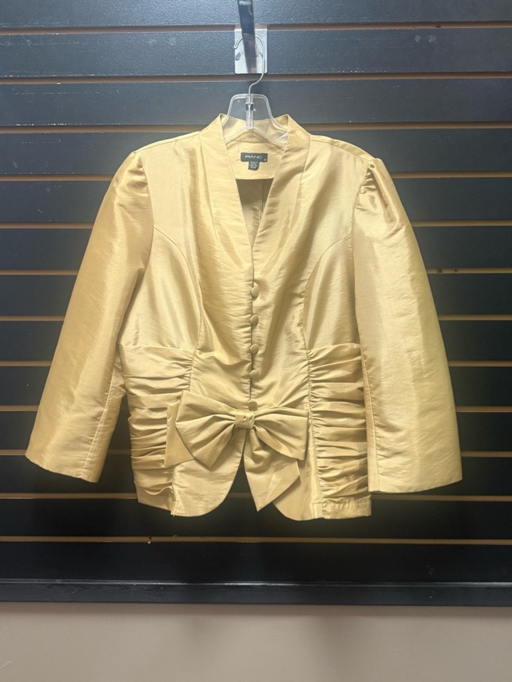 Piano Gold Satin Blouse Jacket Size M Ruched Bow Front Dressy Evening Top